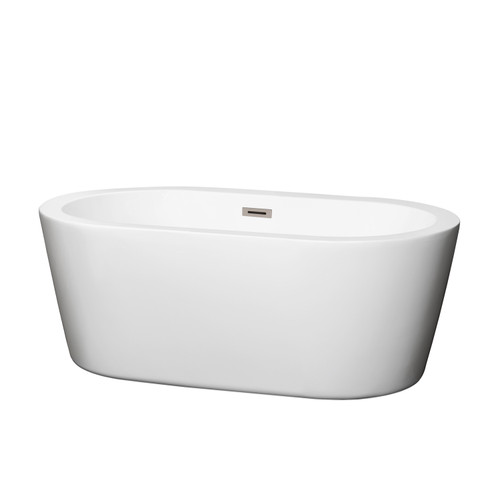 Wyndham WCOBT100360BNTRIM Mermaid 60 Inch Freestanding Bathtub in White with Brushed Nickel Drain and Overflow Trim