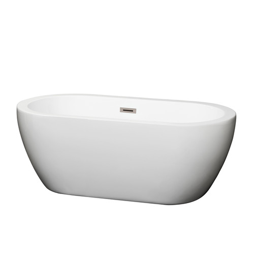Wyndham WCOBT100260BNTRIM Soho 60 Inch Freestanding Bathtub in White with Brushed Nickel Drain and Overflow Trim