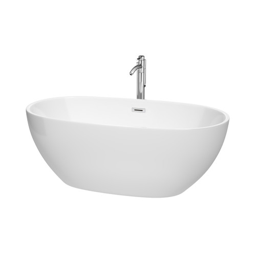 Wyndham WCBTK156163ATP11PC Juno 63 Inch Freestanding Bathtub in White with Floor Mounted Faucet, Drain and Overflow Trim in Polished Chrome