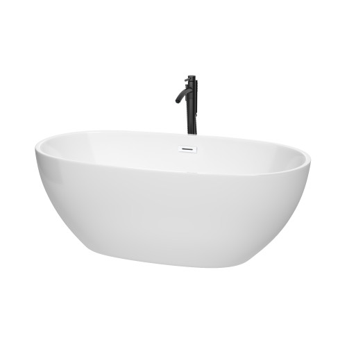Wyndham WCBTK156163SWATPBK Juno 63 Inch Freestanding Bathtub in White with Shiny White Trim and Floor Mounted Faucet in Matte Black