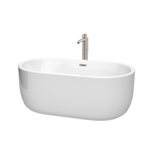 Wyndham WCOBT101360ATP11BN Juliette 60 Inch Freestanding Bathtub in White with Floor Mounted Faucet, Drain and Overflow Trim in Brushed Nickel