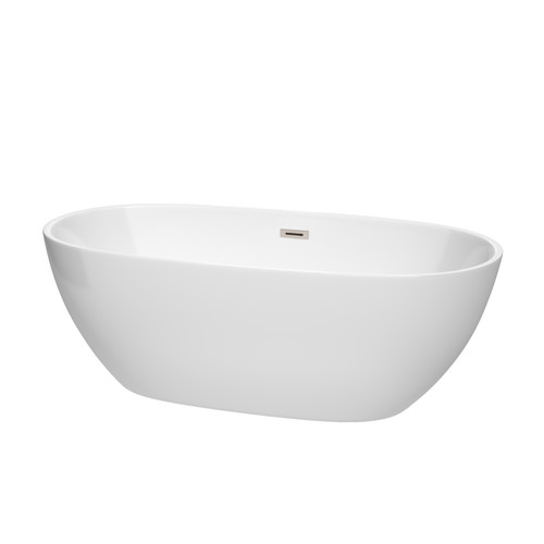 Wyndham WCBTK156167BNTRIM Juno 67 Inch Freestanding Bathtub in White with Brushed Nickel Drain and Overflow Trim