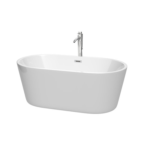 Wyndham WCOBT101260ATP11PC Carissa 60 Inch Freestanding Bathtub in White with Floor Mounted Faucet, Drain and Overflow Trim in Polished Chrome