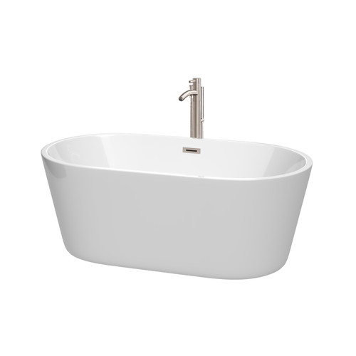 Wyndham WCOBT101260ATP11BN Carissa 60 Inch Freestanding Bathtub in White with Floor Mounted Faucet, Drain and Overflow Trim in Brushed Nickel