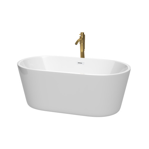 Wyndham WCOBT101260SWATPGD Carissa 60 Inch Freestanding Bathtub in White with Shiny White Trim and Floor Mounted Faucet in Brushed Gold