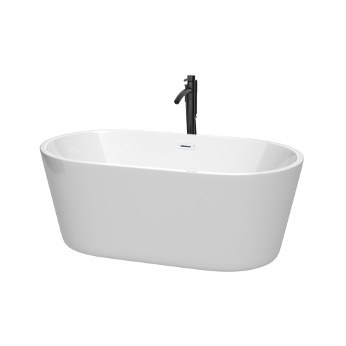 Wyndham WCOBT101260SWATPBK Carissa 60 Inch Freestanding Bathtub in White with Shiny White Trim and Floor Mounted Faucet in Matte Black
