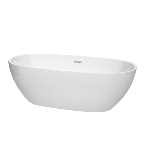 Wyndham WCBTK156171BNTRIM Juno 71 Inch Freestanding Bathtub in White with Brushed Nickel Drain and Overflow Trim