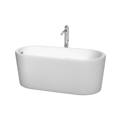 Wyndham WCBTK151159ATP11PC Ursula 59 Inch Freestanding Bathtub in White with Floor Mounted Faucet, Drain and Overflow Trim in Polished Chrome