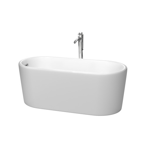 Wyndham WCBTE301159MWATP11PC Ursula 59 Inch Freestanding Bathtub in Matte White with Floor Mounted Faucet, Drain and Overflow Trim in Polished Chrome