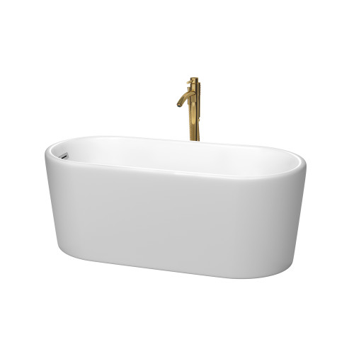 Wyndham WCBTE301159MWPCATPGD Ursula 59 Inch Freestanding Bathtub in Matte White with Polished Chrome Trim and Floor Mounted Faucet in Brushed Gold