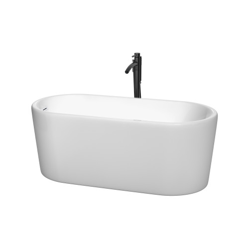 Wyndham WCBTK151159SWATPBK Ursula 59 Inch Freestanding Bathtub in White with Shiny White Trim and Floor Mounted Faucet in Matte Black