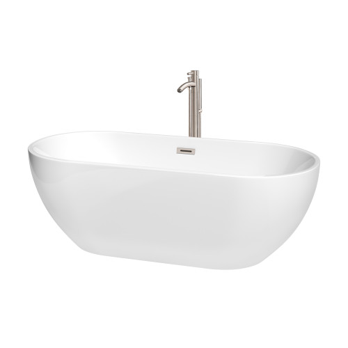 Wyndham WCOBT200067ATP11BN Brooklyn 67 Inch Freestanding Bathtub in White with Floor Mounted Faucet, Drain and Overflow Trim in Brushed Nickel
