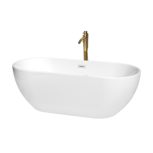 Wyndham WCOBT200067SWATPGD Brooklyn 67 Inch Freestanding Bathtub in White with Shiny White Trim and Floor Mounted Faucet in Brushed Gold