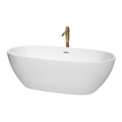 Wyndham WCBTK156171PCATPGD Juno 71 Inch Freestanding Bathtub in White with Polished Chrome Trim and Floor Mounted Faucet in Brushed Gold