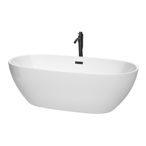 Wyndham WCBTK156171MBATPBK Juno 71 Inch Freestanding Bathtub in White with Floor Mounted Faucet, Drain and Overflow Trim in Matte Black