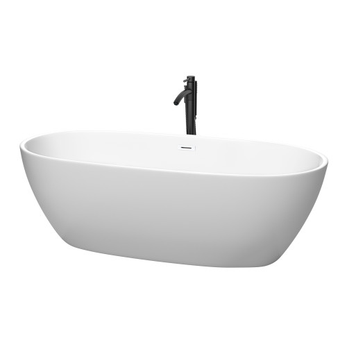 Wyndham WCBTE306171MWSWATPBK Juno 71 Inch Freestanding Bathtub in Matte White with Shiny White Trim and Floor Mounted Faucet in Matte Black
