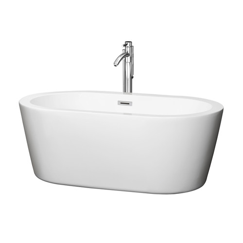 Wyndham WCOBT100360ATP11PC Mermaid 60 Inch Freestanding Bathtub in White with Floor Mounted Faucet, Drain and Overflow Trim in Polished Chrome