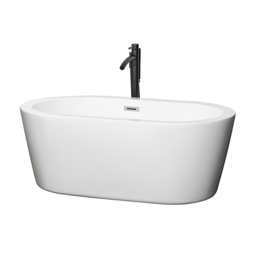 Wyndham WCOBT100360PCATPBK Mermaid 60 Inch Freestanding Bathtub in White with Polished Chrome Trim and Floor Mounted Faucet in Matte Black