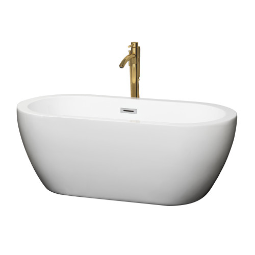 Wyndham WCOBT100260PCATPGD Soho 60 Inch Freestanding Bathtub in White with Polished Chrome Trim and Floor Mounted Faucet in Brushed Gold