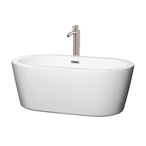 Wyndham WCOBT100360ATP11BN Mermaid 60 Inch Freestanding Bathtub in White with Floor Mounted Faucet, Drain and Overflow Trim in Brushed Nickel