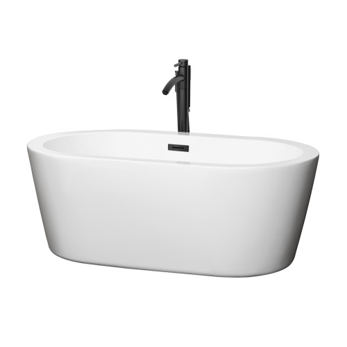 Wyndham WCOBT100360MBATPBK Mermaid 60 Inch Freestanding Bathtub in White with Floor Mounted Faucet, Drain and Overflow Trim in Matte Black