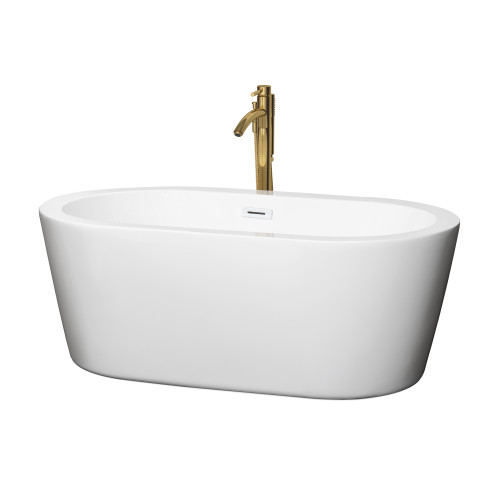Wyndham WCOBT100360SWATPGD Mermaid 60 Inch Freestanding Bathtub in White with Shiny White Trim and Floor Mounted Faucet in Brushed Gold
