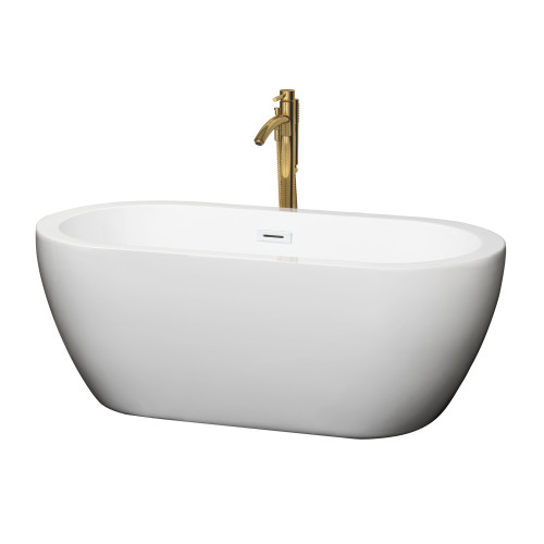 Wyndham WCOBT100260SWATPGD Soho 60 Inch Freestanding Bathtub in White with Shiny White Trim and Floor Mounted Faucet in Brushed Gold
