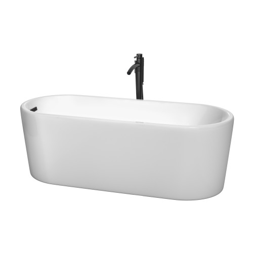 Wyndham WCBTK151167MBATPBK Ursula 67 Inch Freestanding Bathtub in White with Floor Mounted Faucet, Drain and Overflow Trim in Matte Black