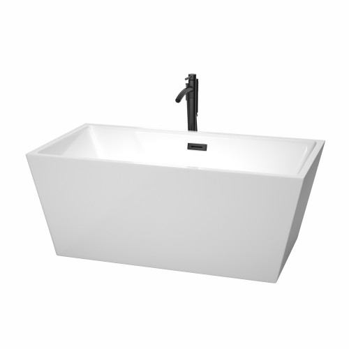 Wyndham WCBTK151459MBATPBK Sara 59 Inch Freestanding Bathtub in White with Floor Mounted Faucet, Drain and Overflow Trim in Matte Black