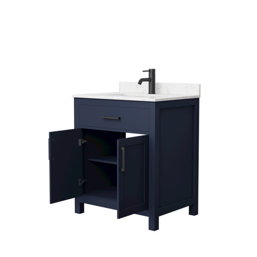 Wyndham WCG242430SBBCCUNSMXX Beckett 30 Inch Single Bathroom Vanity in Dark Blue, Carrara Cultured Marble Countertop, Undermount Square Sink, Matte Black Trim