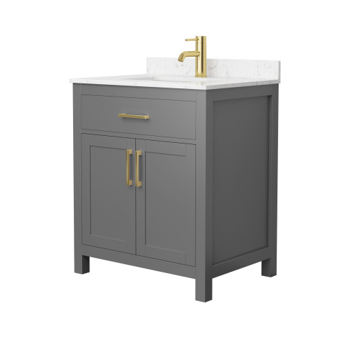 Wyndham WCG242430SGGCCUNSMXX Beckett 30 Inch Single Bathroom Vanity in Dark Gray, Carrara Cultured Marble Countertop, Undermount Square Sink, Brushed Gold Trim