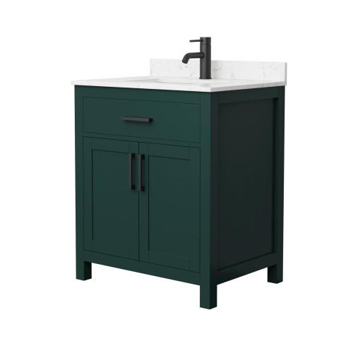 Wyndham WCG242430SGKCCUNSMXX Beckett 30 Inch Single Bathroom Vanity in Green, Carrara Cultured Marble Countertop, Undermount Square Sink, Matte Black Trim