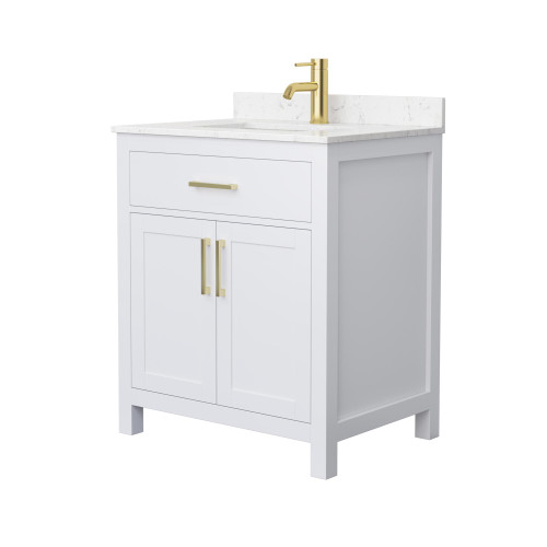Wyndham WCG242430SWGCCUNSMXX Beckett 30 Inch Single Bathroom Vanity in White, Carrara Cultured Marble Countertop, Undermount Square Sink, Brushed Gold Trim
