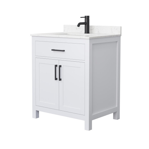 Wyndham WCG242430SWBCCUNSMXX Beckett 30 Inch Single Bathroom Vanity in White, Carrara Cultured Marble Countertop, Undermount Square Sink, Matte Black Trim