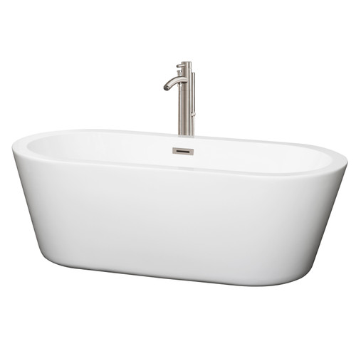 Wyndham WCOBT100367ATP11BN Mermaid 67 Inch Freestanding Bathtub in White with Floor Mounted Faucet, Drain and Overflow Trim in Brushed Nickel