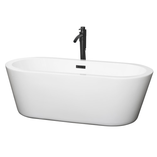 Wyndham WCOBT100367MBATPBK Mermaid 67 Inch Freestanding Bathtub in White with Floor Mounted Faucet, Drain and Overflow Trim in Matte Black