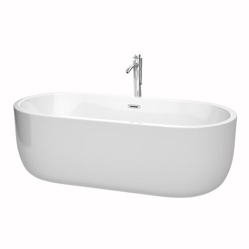 Wyndham WCOBT101371ATP11PC Juliette 71 Inch Freestanding Bathtub in White with Floor Mounted Faucet, Drain and Overflow Trim in Polished Chrome