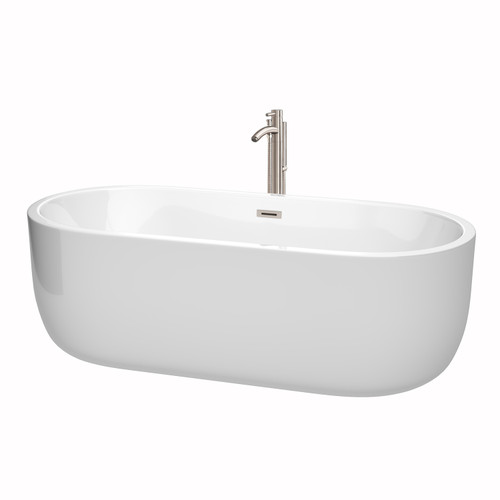 Wyndham WCOBT101371ATP11BN Juliette 71 Inch Freestanding Bathtub in White with Floor Mounted Faucet, Drain and Overflow Trim in Brushed Nickel