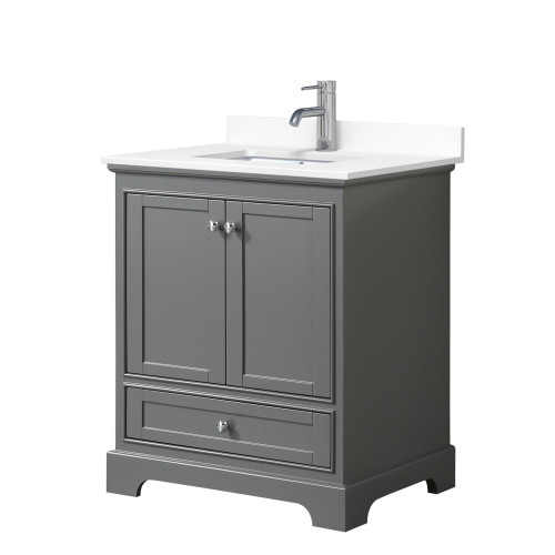 Wyndham WCS202030SKGWCUNSMXX Deborah 30 Inch Single Bathroom Vanity in Dark Gray, White Cultured Marble Countertop, Undermount Square Sink, No Mirror
