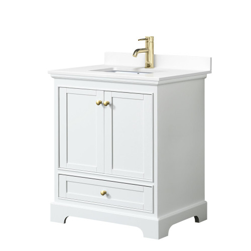 Wyndham WCS202030SWGWCUNSMXX Deborah 30 Inch Single Bathroom Vanity in White, White Cultured Marble Countertop, Undermount Square Sink, Brushed Gold Trim, No Mirror