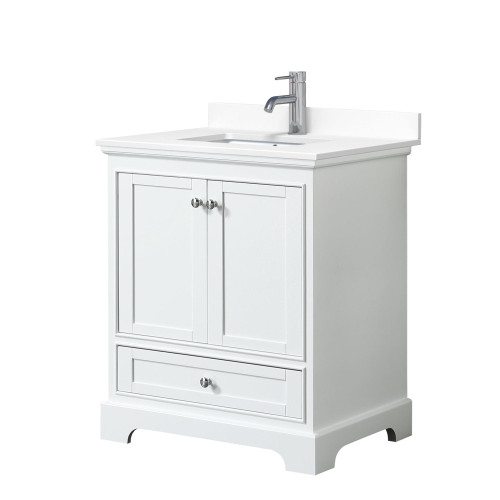 Wyndham WCS202030SWHWCUNSMXX Deborah 30 Inch Single Bathroom Vanity in White, White Cultured Marble Countertop, Undermount Square Sink, No Mirror