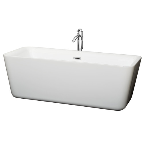 Wyndham WCOBT100169ATP11PC Emily 69 Inch Freestanding Bathtub in White with Floor Mounted Faucet, Drain and Overflow Trim in Polished Chrome