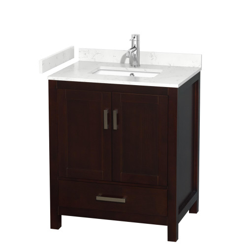 Wyndham WCS141430SESC2UNSMXX Sheffield 30 Inch Single Bathroom Vanity in Espresso, Carrara Cultured Marble Countertop, Undermount Square Sink, No Mirror