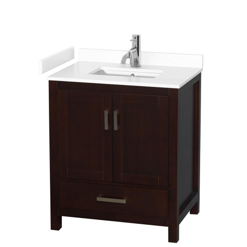 Wyndham WCS141430SESWCUNSMXX Sheffield 30 Inch Single Bathroom Vanity in Espresso, White Cultured Marble Countertop, Undermount Square Sink, No Mirror