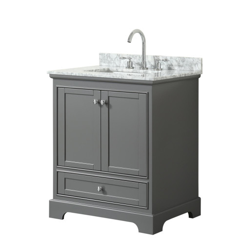 Wyndham WCS202030SKGCMUNSMXX Deborah 30 Inch Single Bathroom Vanity in Dark Gray, White Carrara Marble Countertop, Undermount Square Sink, and No Mirror