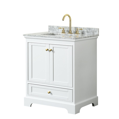 Wyndham WCS202030SWGCMUNSMXX Deborah 30 Inch Single Bathroom Vanity in White, White Carrara Marble Countertop, Undermount Square Sink, Brushed Gold Trim, No Mirror