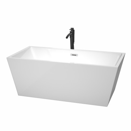 Wyndham WCBTK151463PCATPBK Sara 63 Inch Freestanding Bathtub in White with Polished Chrome Trim and Floor Mounted Faucet in Matte Black