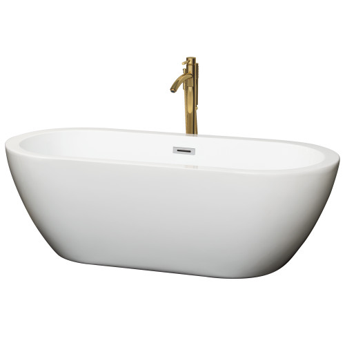 Wyndham WCOBT100268PCATPGD Soho 68 Inch Freestanding Bathtub in White with Polished Chrome Trim and Floor Mounted Faucet in Brushed Gold