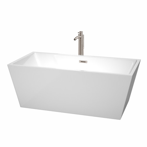 Wyndham WCBTK151463ATP11BN Sara 63 Inch Freestanding Bathtub in White with Floor Mounted Faucet, Drain and Overflow Trim in Brushed Nickel