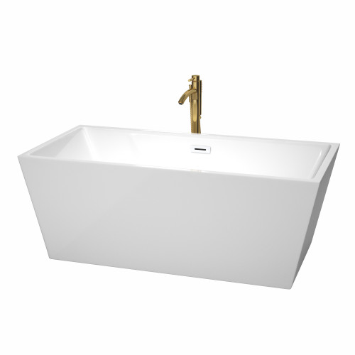 Wyndham WCBTK151463SWATPGD Sara 63 Inch Freestanding Bathtub in White with Shiny White Trim and Floor Mounted Faucet in Brushed Gold